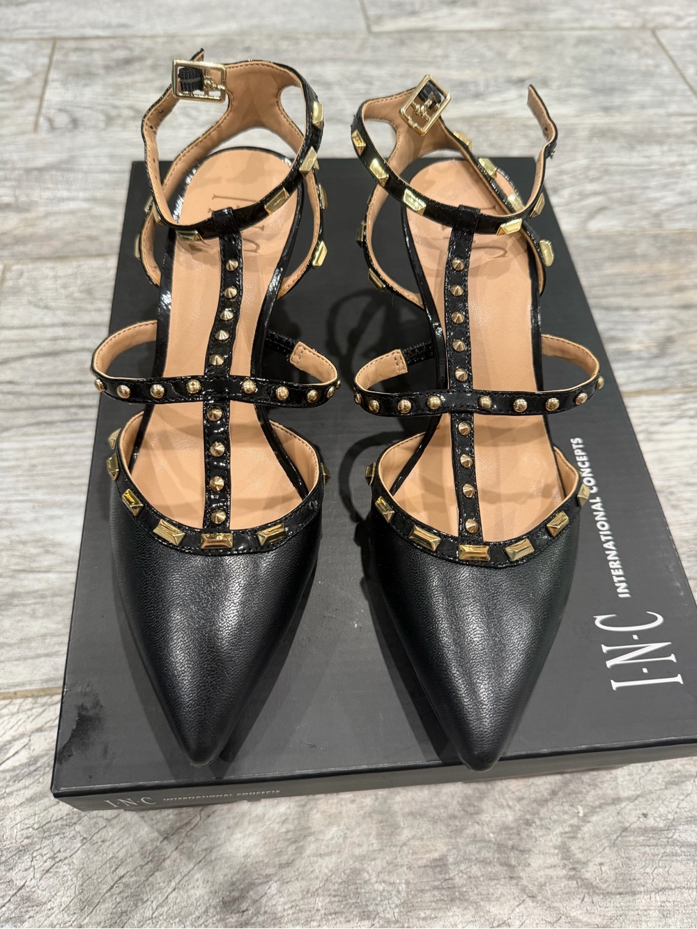INC International Concepts Black Pointed-Toe Studded T-Strap Heels